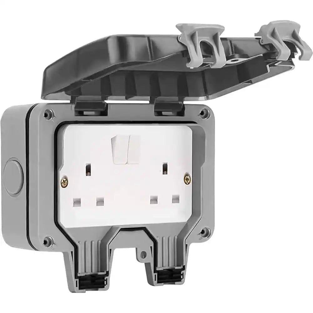 Powermaster 2 Gang Outdoor Switched Socket IP66 Rated 13A Individually Switched High Impact Polycarbonate Weatherproof Dustproof for Garden Workshop Commercial Use