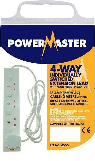 PowerMaster 4 Gang Extension Lead Switched 2 Meter White Cable Plug