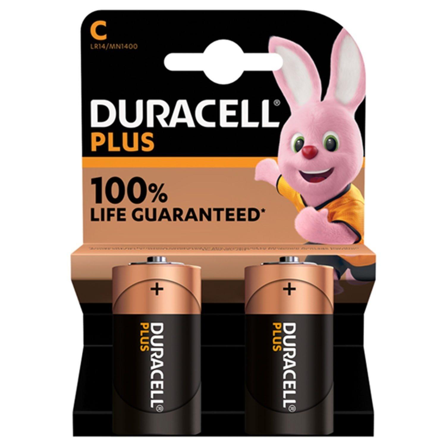 Duracell Plus C Alkaline Batteries 2 Pack 1.5V 100% Life Guaranteed with Pink Bunny Mascot