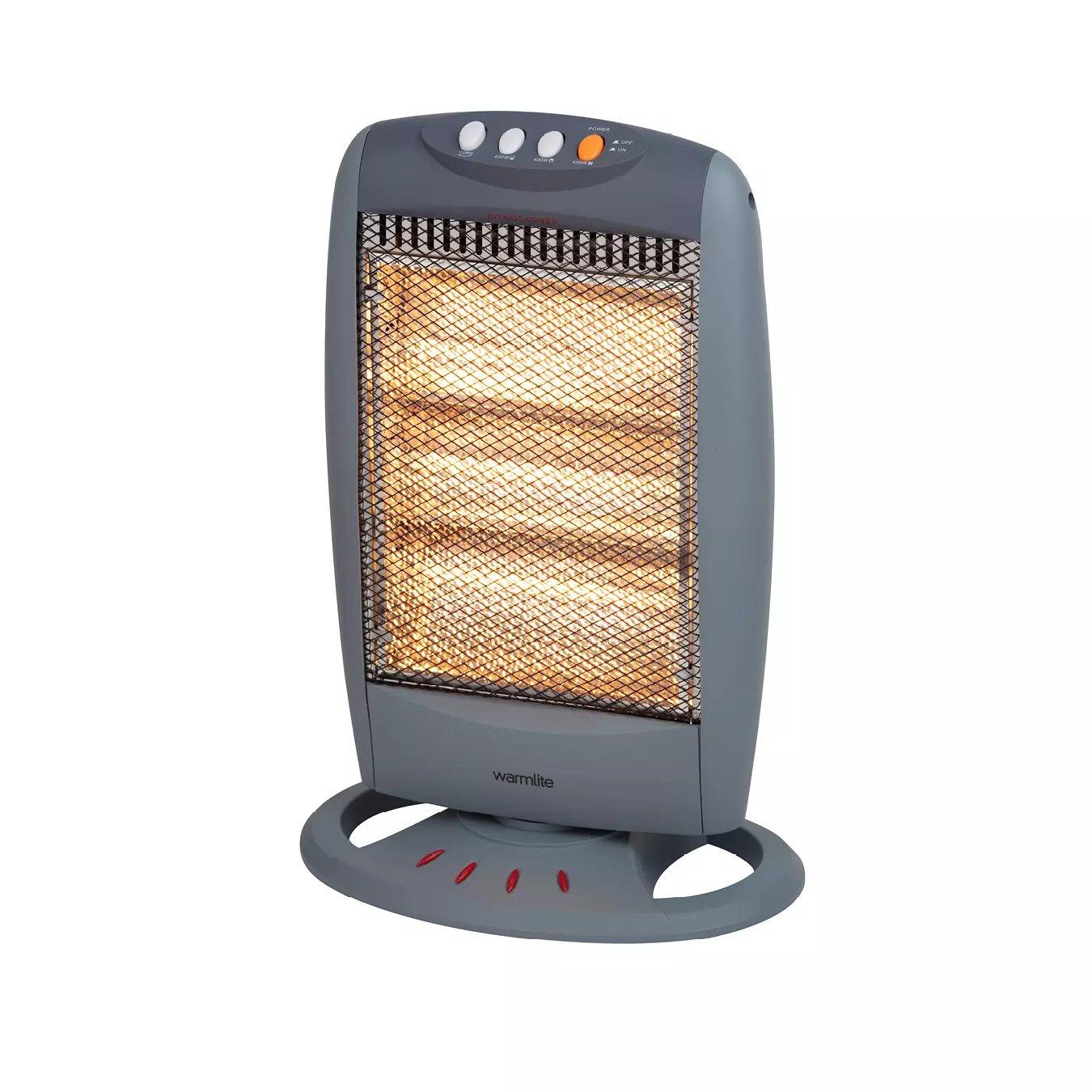 Warmlite 1200W Portable Oscillating Halogen Heater with 3 Heat Settings, Safety Features, and Grey Finish