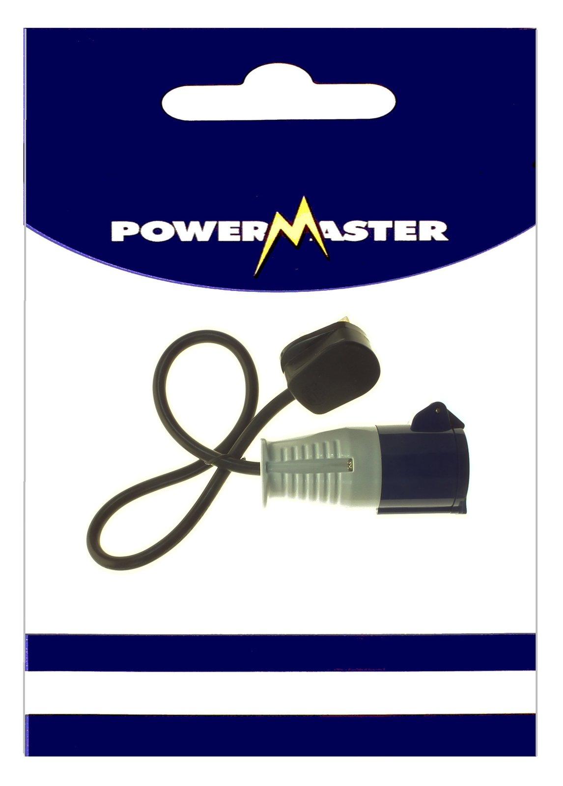 PowerMaster 16 Amp Blue Socket with 13 Amp Plug Top Adapter - Converts 13A Plug to 16A Blue Socket - Black Cable, Grey Connector, Blue Socket, Black Plug