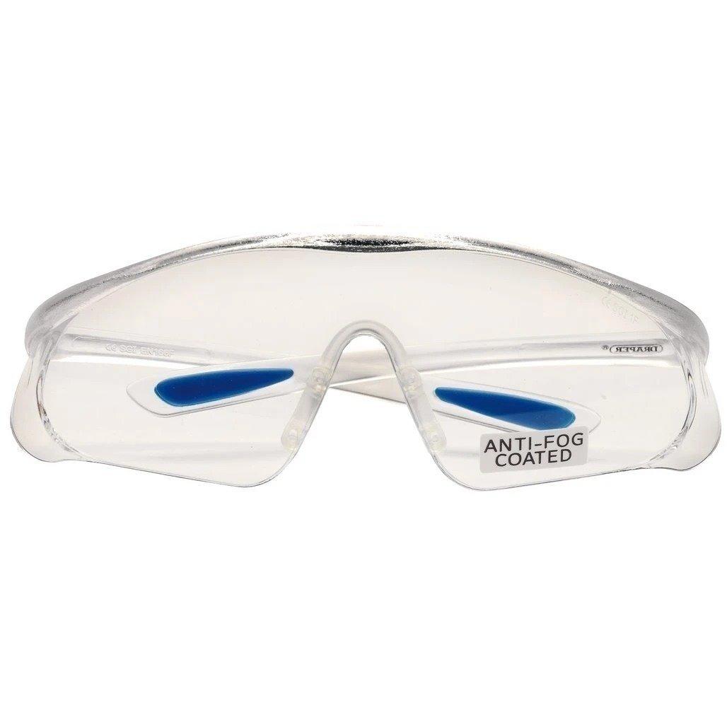 Draper Anti-Mist Safety Glasses Clear Anti-Scratch Anti-Fog Coated Wrap-around Lens with Soft Rubber Nose Piece and Rubber-Tipped Arms Conforming to EN166 EN170 EN172 Specifications