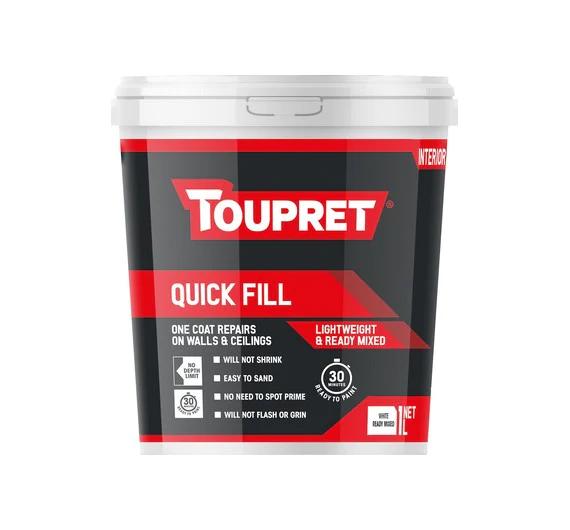 Toupret Quick Fill White Filler - Size 1lt, One Coat Repairs, Easy to Sand, Ready to Paint in 30 Minutes, Will Not Shrink, No Need to Spot Prime, Lightweight & Ready Mixed
