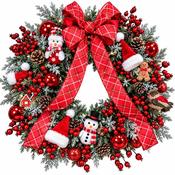 Large Festive Snowman &amp; Red Plaid Christmas Wreath image