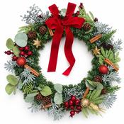 Red Velvet Bow &amp; Frosted Foliage Christmas Wreath image
