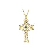 14K Lab Diamond &amp; Emerald Celtic Cross Necklace