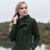 Army Green Long Aran Cardigan with Oversized Collar
