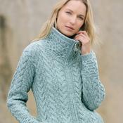 Mermaid Merino Wool Aran Cable Double Collar Zip Cardigan