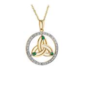 14K Gold Diamond Halo Emerald Trinity Knot Pendant
