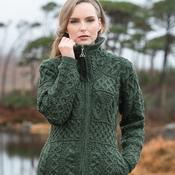 Army Green Doubled Collar Fitted Aran Cardigan