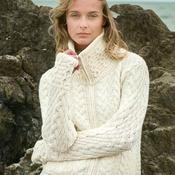 Natural Merino Wool Aran Cable Double Collar Zip Cardigan