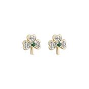 14K Small Shamrock Earrings with Diamond &amp; Emerald, Yellow Gold