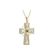 14K Gold Diamond &amp; Emerald Large Celtic Cross Pendant