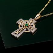 14K Gold Diamond &amp; Emerald Small Celtic Cross Pendant