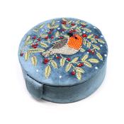 Blue velvet robin and embroidered holly round jewellery box