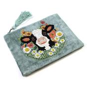 Daisy Grey/green velvet embroidered meadow and cow zip purse