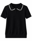 Syma Knitted Jersey Top, Embellished Collar 'Black'