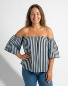 Alley Striped Off the Shoulder Top 'Blue &amp; Brown' image