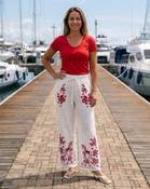 Rose Cotton Embroidered Pants 'Off White &amp; Red' image