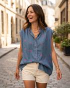 Sienna Neon Palms Sleeveless Shirt 'Denim &amp; Neon Pink'