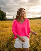 Alessia V-Neck Sweatshirt 'Neon Pink' image