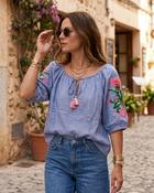 Selene Cotton Embroidered Blouse 'Denim Blue' LIVE 30/7