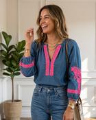 Felina Neon Embroidered Blouse 'Denim &amp; Neon Pink'