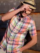 Men's Short Sleeve 100% Linen Shirt, Bright Check image