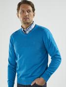 Men's Fine Gauge Cotton V-Neck Jumper, Poolside Blue