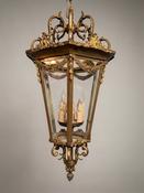 Large French Gilded Bronze Hall Lantern with Cut Glass Panels