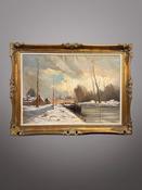 Magnificent Large-Scale Dutch Winter River Landscape Oil Painting image