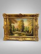 Scenic Forest &amp;amp; Lakeside Landscape Statement Framed Oil Painting image