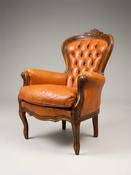 Vintage French Walnut &amp;amp; Brown Leather Armchair image