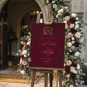 Wedding Welcome Sign - Burgundy Gold Crest