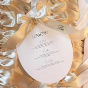Die-cut Wedding Menus - Oval menu with printed ribbon