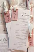 Individually Named Wedding Menus with pink name tag &amp;amp; ribbon