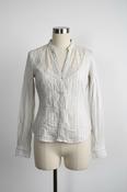 United colours of Benetton women’s White and brown striped button-up shirt with lace detailing on the collar and cuffs #stripes in size medium to large collar to hem 25  Porto pit 16 sku 7060 image