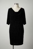 Black velvet M&amp;S dress with draped cowl neckline, 3/4 length sleeves, and a 46 length #velvetdress #cowlneck w21 sku 7005