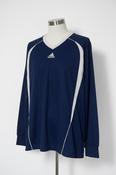 Navy blue Adidas long sleeve shirt with white stripes and embroidered logo sportswear