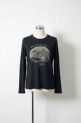Hugo Boss black long-sleeved crew-neck T-shirt with a "NEW 1938 MOTORBIKE" graphic print. image