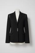 Women’s Black KAELLE Collection blazer with leather shoulder pads #leatherblazer sku 6955 L29 W19