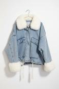 Vintage y2k white faux fur zipped up blue denim womens jackets size M/L image