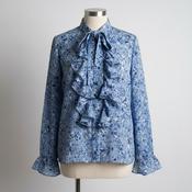 Vintage Womens Javida blue floral print front ruffle blouse shirt in size m|L25W20|SKU 5350 image