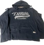 Vintage men Stock &amp; Hank genuine denim print Navy drawstring hoodie in M|L26 W21|SKU 6518 image