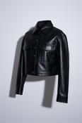 Women black Flap pocket faux leather biker crop button down jacket M/L|L21W18|SKU 6698 image