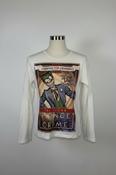 Sisley Batman Clown Prince long-sleeved adult t-shirt. The white shirt features a graphic of the Joker with text that reads "Carnival of Criminals", "You will Die Laughing", and "The Clown Prince of Crime". image