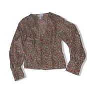 Vintage Topshop Women's Green &amp; Red Floral Long-Sleeve V-Neck Blouse, UK 8/EU 36 | SKU 3684 image