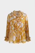 Vintage women yellow geometric ruffle neck linen blouse in M|L26 W16|SKU 6452