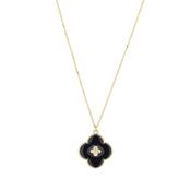 9K Yellow Gold Flower Black Enamel Cubic Zirconia  Flower Pendant Necklace image
