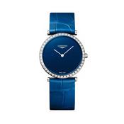 La Grande Classique de Longines 29mm, Blue Dial, Quartz Movement, Stainless Steel Diamond Set Case, Blue Leather Strap Watch